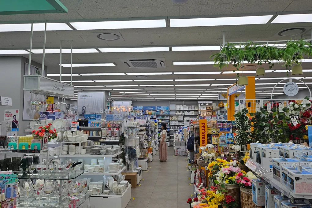 A wide view inside a spacious Daiso store in Seoul