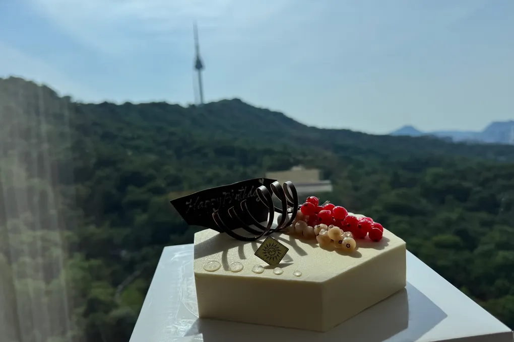 A birthday cake with red berries plated against the Namsan forest and N Seoul Tower view at Festa by Choonghu