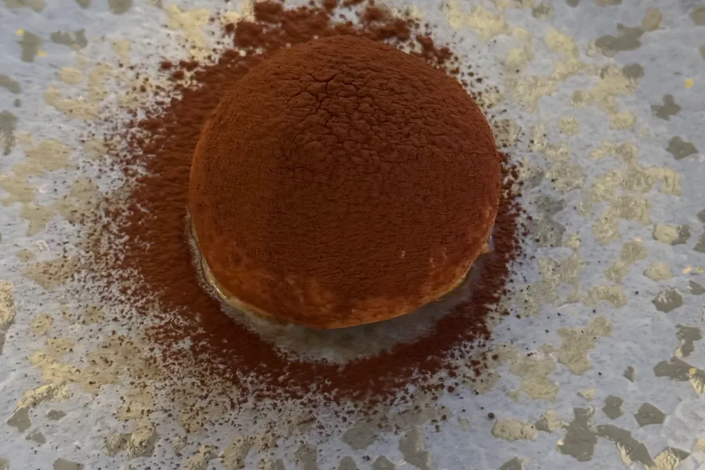 A cocoa-dusted dome dessert on a speckled plate at Festa by Choonghu