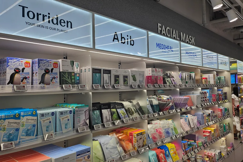 The facial sheet mask wall at Olive Young with Torriden, Abib and Mediheal masks