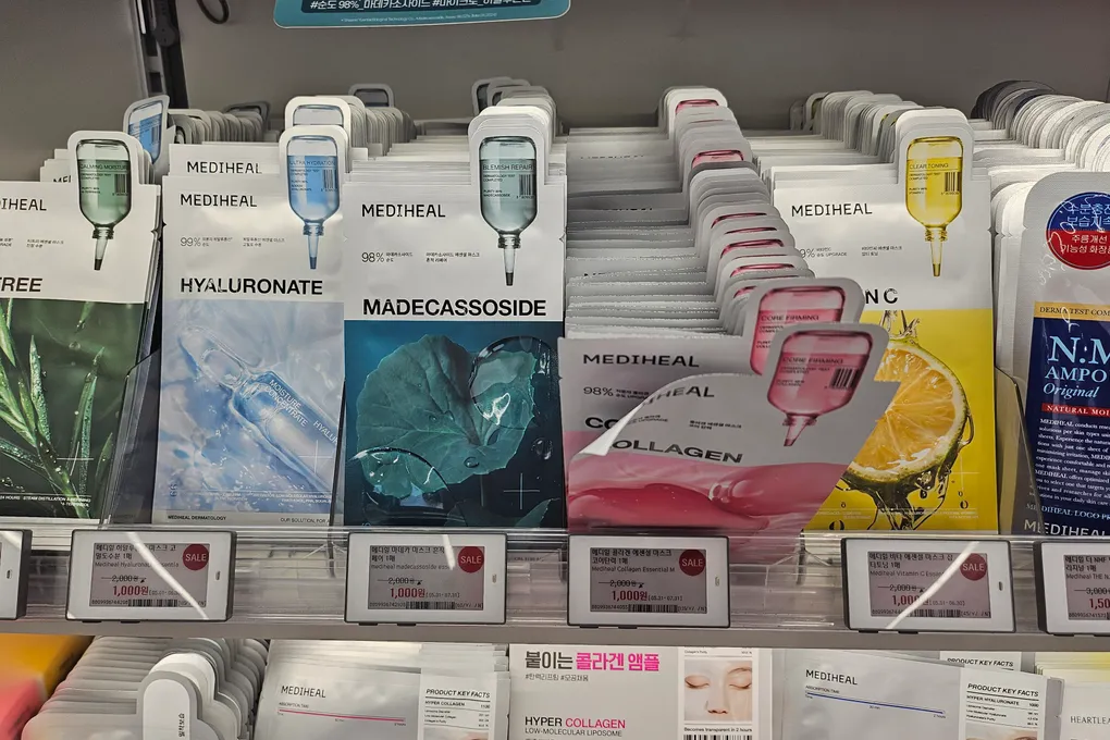 Mediheal sheet masks in different types on sale for around 1,000 won each at Olive Young
