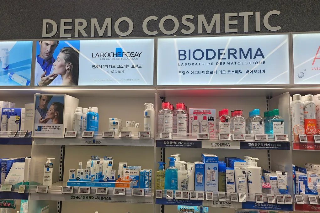 Dermo Cosmetic section at Olive Young with La Roche-Posay, Bioderma and Avène