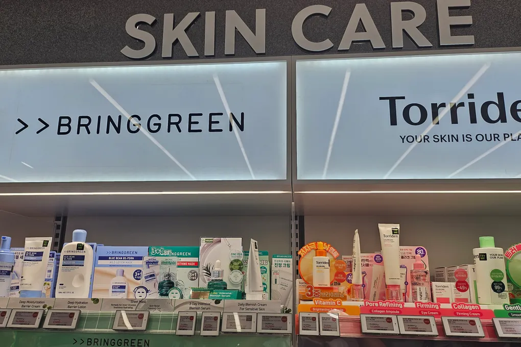 Skincare section at Olive Young featuring Bring Green and Torriden product displays